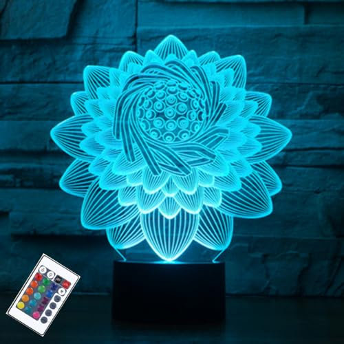 PONLCY Lotus Nachtlicht, 3D Illusion Lampe mit Fernbedienung, 16 Farben USB Schreibtischlampen, Schlafzimmer Tischlampe Geschenke für Haus Dekoration