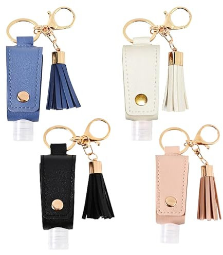Pcmursal Kleine Handdesinfektionsmittel, Schlüsselanhänger, tragbar, Leder, leere Flaschen für Toilettenartikel, Shampoo, Lotion, Seife, 4 Stück, Schwarz, Rosa, Blau, Weiß