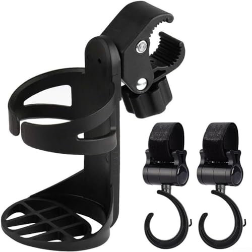 für 360° drehbarer Kinderwagen-Flaschenhalter, kompatibel mit Rollstühlen, Kinderwagen, Gehhilfen, Schwarz (1 Stück + 2 x Haken)