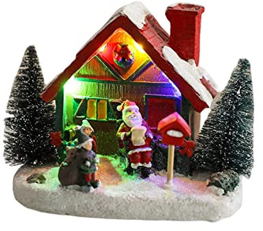 NeaxgeandX Mini-Hausstatue, Weihnachtsdorf, Schnee, Kunstharz, Gartenhaus, rotes Dach