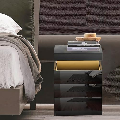 Nachttisch LED Licht, Nachttische mit Steckdose, Nachtkästchen mit 3 Schubladen und Versteckte Schiebeschränke, Farbe Einstellbar, Nachtschränkchen für Wohnzimmer, Studie, Schlafzimmer (schwarz)