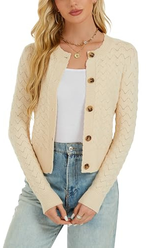 Bolero Mujer Cardigan Corto Hueco Grueso Chaqueta de Punto Manga Larga con Botones Rebecas Cuello Redondo Antiguo Básico Clásico