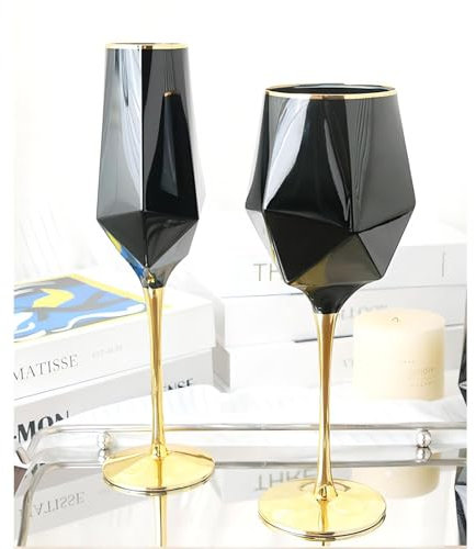Black Wine Glasses with Gold Rim Set of 2, Champagne Glasses Set of 2, 14/23 Oz Black Vintage Goblet Metal Wine Glasses for Drinking Toasting Anniversary Wedding Christmas (Gold Rimmed Set)