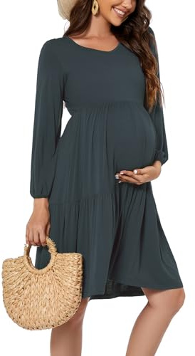 Smallshow Women's Maternity Dress Long Sleeve Ruffle Pregnancy Clothes Dark Grey S