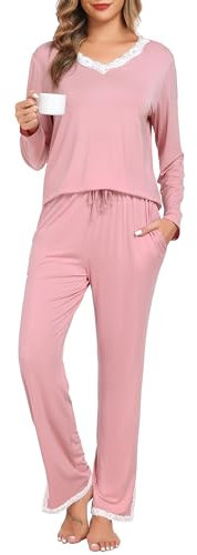 Lovasy Pigiama Donna Cotone Lungo Pigiama Due Pezzi Invernali Caldo a Maniche Lunghe con Scollo a V in Pizzo Sexy Lungo Pantaloni con Tasche S-XXL,Rosa,XXL