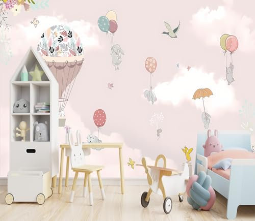 XMPMBM-Pink Clouds hot air Balloon Nursery Room Fabric Wallpaper Cartoon Animals Bedroom Wall Mural- W 154 X H 105 L