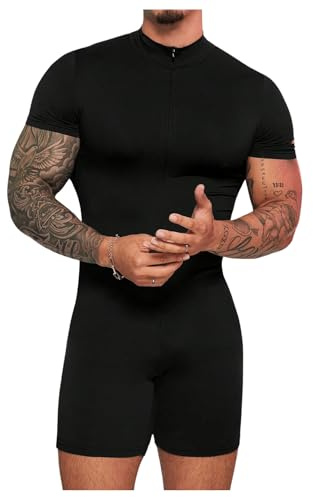 SHENHE Men's Short Sleeve Mock Neck Bodysuit Full Body Zip Up Leotard Slim Fit Jumpsuits Black Small