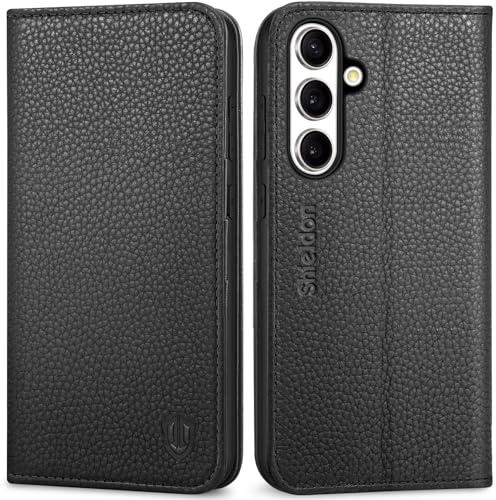 SHIELDON Echtleder Hülle für Galaxy S25+ Plus 6,7 5G 2025, Litschi Schwarz | Echtleder, Kartenfach, RFID Blocker, Ständer, Magnetisch, Tasche, Stoßfeste Schutzhülle
