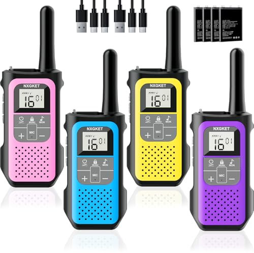 Walkie Talkie Kinder 4er Set, NXGKET Walki Talki 5 km, 16 Kanal Funkgeräte Set mit 1200mAh Li-ion Akku VOX für Erwachsene Boys Girls Freien Camping Wandern Spielzeug