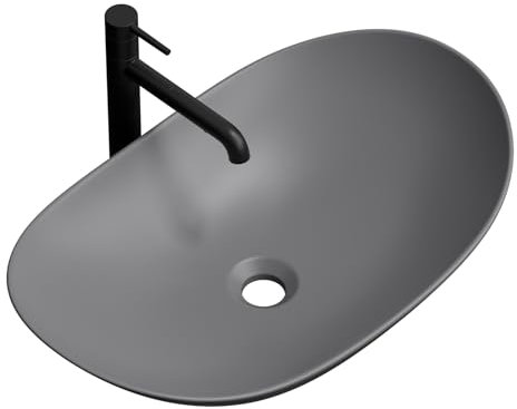 EMKE Lavabo à Poser Ovale 61.5 × 36 × 15.5 cm, Vasque en Céramique pour Salle de Bain et WC Invités, Mini Lavabo Petit, Gris Mat