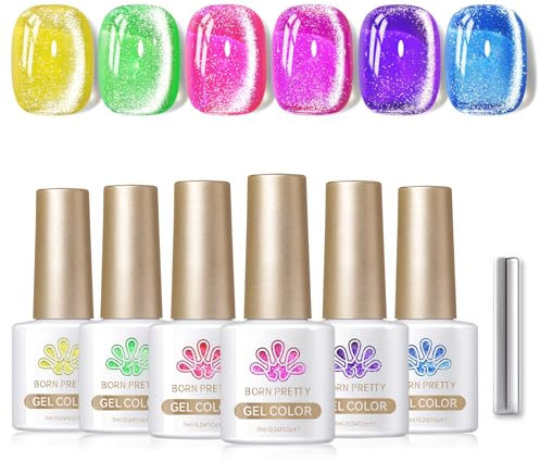 BORN PRETTY 6 Colors Jelly Neon Cat Magnetic Eye Gel Polish with Magnet, Soak-Off U V/LED Iridescent Colorful Elves Gel Set for Nail Art Salon DIY Home