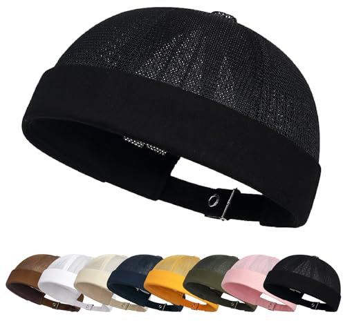 Enwokran Bonnet Docker Été Maille sans Bord Visiere Casquette Skullcap Travailleur Chapeau Fashion Réglable Casquette de Marinrier Roulé Cuff Retro Beanie Hat pour Homme (Noir)