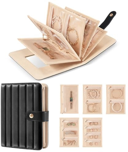 Lolalet Reise Schmuck Organizer mit transparente Schmuck Tasche für Ohrringe Armband Halskette Ring, kompakte Aufbewahrungsbox Schmuckrolle mit Spiegel- Shwarz