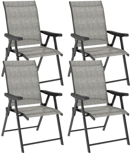 Outsunny Garden Dining Chairs Set of 4, Folding Garden Chairs with All Weather Texteline Back and Seat, Outdoor Dining Chair with Armrests, Steel Frame for Terrace Balcony, Black and Grey