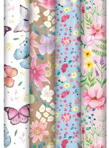 Floral Theme 4 x 3M Birthday Wrapping Paper Rolls Elegant Gift Wrap for Birthdays Anniversaries and Special Occasions Beautiful Flower Designs