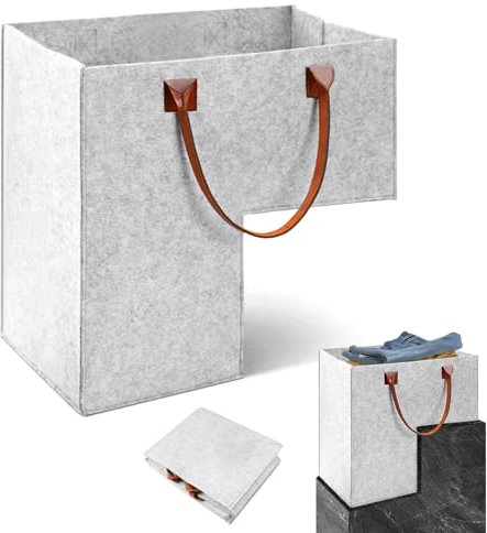 Panier Escalier, Panier D'escalier avec Poignées en Cuir, Panier Rangement en Forme de L, Panier Organisateur D'escalier en Feutre, pour le Linge, les Jouets, les Articles D'ameublement (Gris)