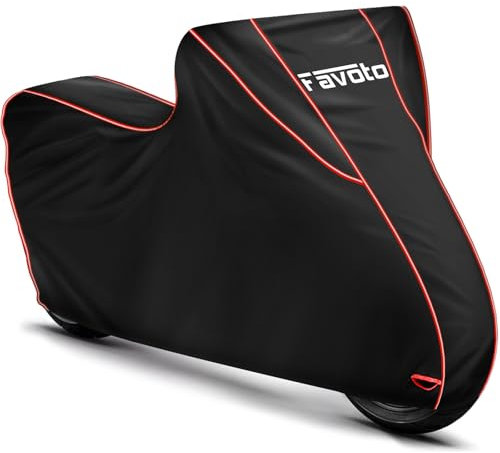 Favoto Waterproof Motorcycle Cover 300D Oxford with PU Coating, Rain Snow Dust Wind Resistant Outdoor Protection, Reflective Strips, Fits Motorbikes up to 104 inch / 265 cm, Red