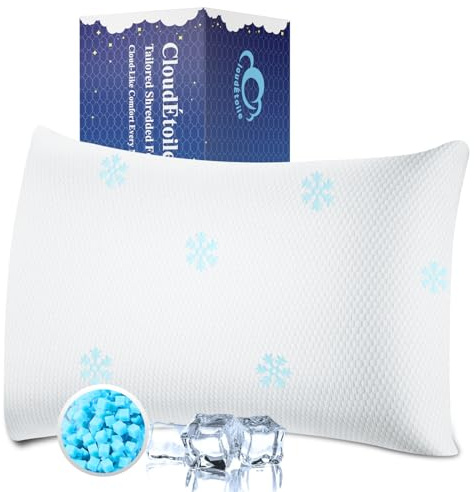 CloudÉtoile Shredded Memory Foam Pillow – Adjustable Cooling Side Sleeper Pillow for Neck, Medium Firm Support Pillow for Side Back Stomach Sleepers, CertiPUR-US Certified, Washable Cover 60x40x22 cm