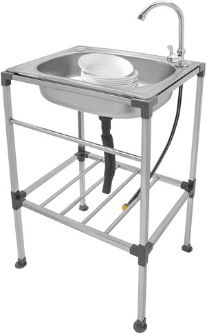 Etrhdfyts Edelstahl Spültisch mit Wasserhahn, Freistehendes Spülbecken mit Ablauf-Schlauch, Küche Spüle mit Unterschrank, Küchenspüle (53 * 38 * 83cm Kaltwasserhahn)
