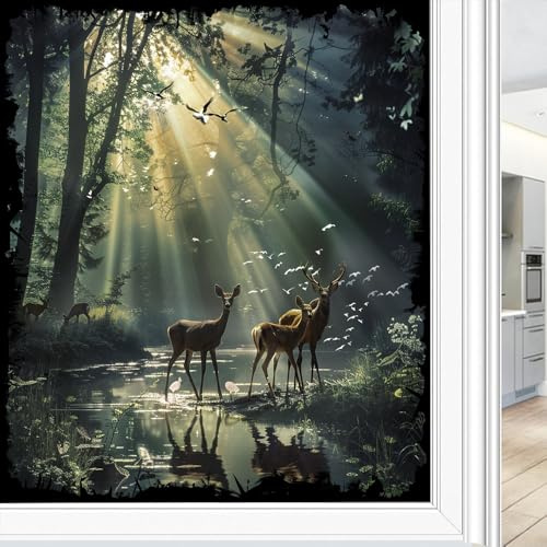 Vintage Hirsch Fenster Sichtschutzfolie Natur Sonniger Wald Landschaft Tiere Milchglas Fensterfolie Dekorative Statische Haftung für Glas für Zuhause 60x90cm