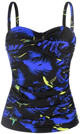 Ocean Blues Women's Feather Print Twist Bandeau Swimsuit Top Ruched Tummy Control Tankini Top Size X-Large