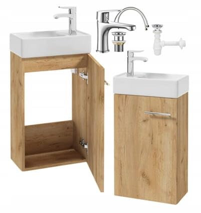 .Deftrans - Waschbecken 40 cm mit Unterschrank hängend Gäste WC Set – Mini Handwaschbecken – Eiche – inkl. Armatur, Ablaufgarnitur, klick-Klack, Siphon – Badezimmermöbel klein