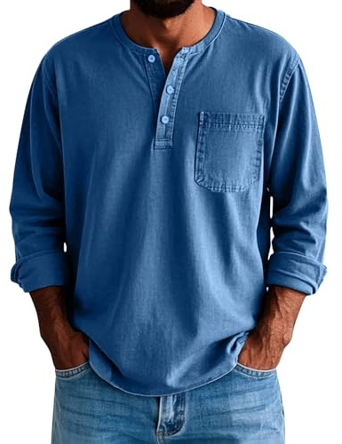 SOOUICKER Henley Shirt Herren Langarm Vintage Outdoor Poloshirt Ohne Kragen Oversized Langarmshirt Knopfleiste Arbeit Freizeithemd Stehkragen Sweatshirt Henley Sport