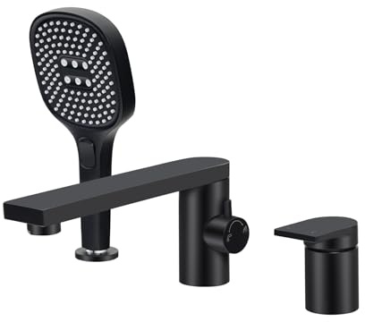 PHASAT 3 Loch Badewannenarmatur mit Ausziehbarem Handbrause, Wannenrand Badewanne aus Messing Mischbatterie, Wannenrandkombination für Badezimmer, Schwarz PTBB20E
