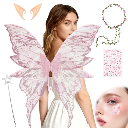 HIULLEN Feenflügel Erwachsene, Schmetterlingsflügel mit Elfenöhren, Prinzessinnenflügel Fee Stirnband Und Sterne Feenstäbe für Karneval Geburtstag Halloween Rollenspiele Comic Con Themed Party(Rosa)