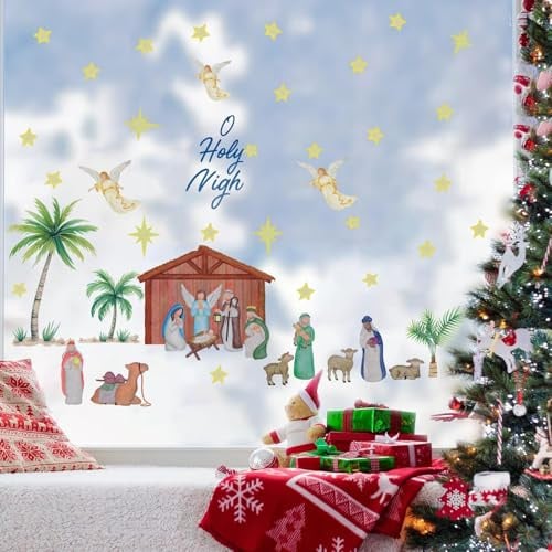 ANHUIB Weihnachten Fensterbilder Krippe Jesus Fensterbild Fensterdeko Fensteraufkleber Weihnachten Krippe Wandtattoo Selbstklebend Fenster Aufkleber Deko Winter für Glas Kinderzimmer Fensterfolie