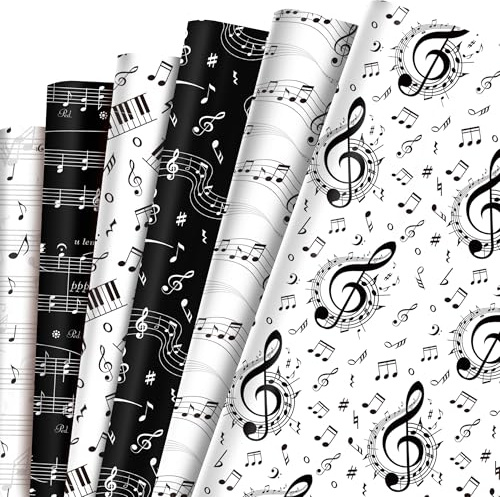 12 Geschenkpapier Musik Schwarzes Weißes Noten Geschenkpapier 4 Arten Wendbares Doppelseitig Bedrucktes für Geburtstag Musik Party Hochzeit Wrapping Paper,50 x 68 cm
