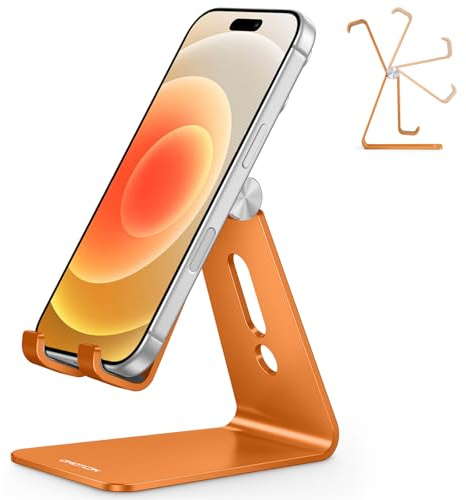 OMOTON Aluminium Handy Ständer, Multi-Winkel Verstellbarer Handyhalter Büro | Rutschfester Basis und praktischem Ladeanschluss, für Schreibtisch, kompatibel mit iPhone 17/16/15/14 Pro Max Air, Orange