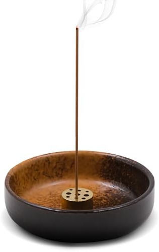 ULEBOLIAN Ceramic Incense Holder for Sticks, Handmade Incense Burner with Candle Plate, 9cm Round Aroma Bowl for Incense Stick Storage, Iron Rust Glaze Decorative Home Desk Decor