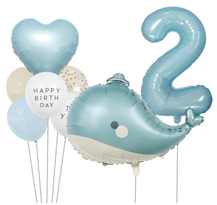 Großes Wal Luftballon Set, Wals Folienballon Helium Ballons, XXL Zahl 2 Zahlen-Ballon Blau, Niedlich Wal-Folienballons für Meerestier-Themenparty, Ozean Tiere Geburtstagsfeier Dekoration (2)