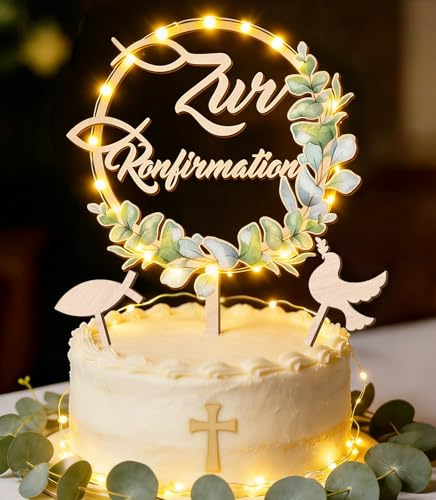 Tortendeko Konfirmation, 3 Stück Kuchen Deko Konfirmation Deko Cake Topper | Holz mit LED Lichterkette, Eukalyptus Tortendekoration Junge Mädchen