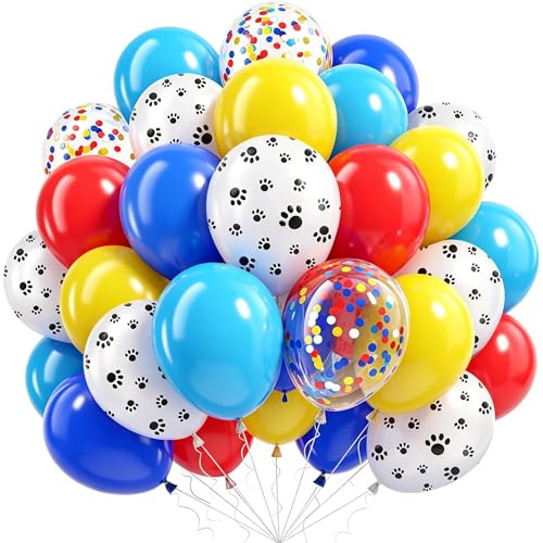 Hundepfoten Luftballons, 60 Stück Gelbe Blaue Rote Luftballons Geburtstag | 12 Zoll Hund Paw Thema Helium Luftballons Mit Konfetti Ballons, Geburtstags Junge Taufe Babyparty Konfirmatio Blaue Rote Deko