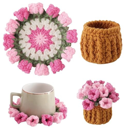 Pink Lily Of The Valley Crochet Coasters Knitted Floral Mug Mats 3D Flower Cup Pads Handmade Yarn Table Protector With Storage Pot For Office Desk Afternoon Tea Housewarming Home Decor Accessories