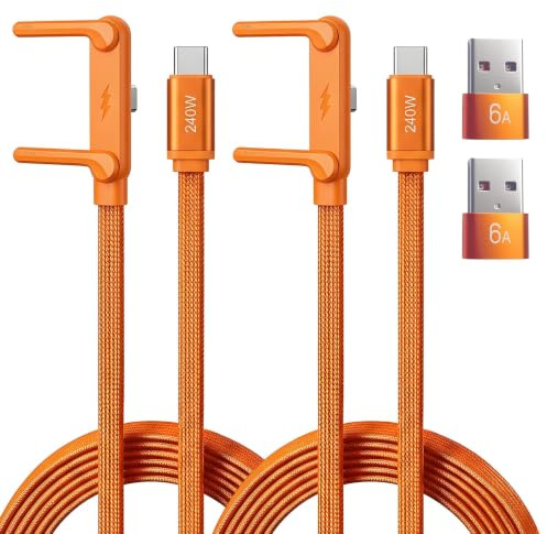 2 Cables USB-C 240W Carga Rápida, Soporte Plegable Invisible y Conector 90° | Longitud de 1,5 m, diseño trenzado y 2 adaptadores USB-A; para móvil, tablet y portátil, ideal para oficina, viaje y juegos