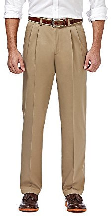 Haggar Men's Premium No Iron Khaki Classic Fit Pleat Front Casual Pant (Regular and Big & Tall Sizes), Sand, 34W x 32L