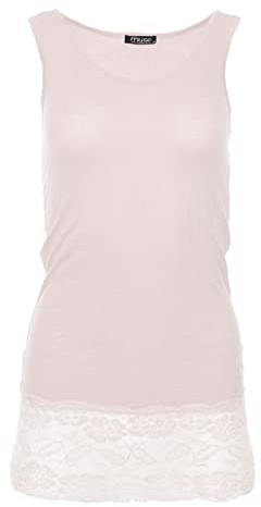 Easy Young Fashion - Damen Trägertop mit Spitzensaum - langes Unterziehshirt Skinny Fit 0518 (Pfirsichrosa S/M)
