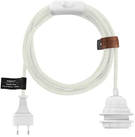 Hoopzi - Fil électrique en Tissu de 4,5M pour Éclairer Partout Chez Vous - Douille Ampoule E27 avec Interrupteur - Créez Votre Suspension Luminaire, Baladeuse, Lampe Suspendue - Bala Lin Blanc/Blanc