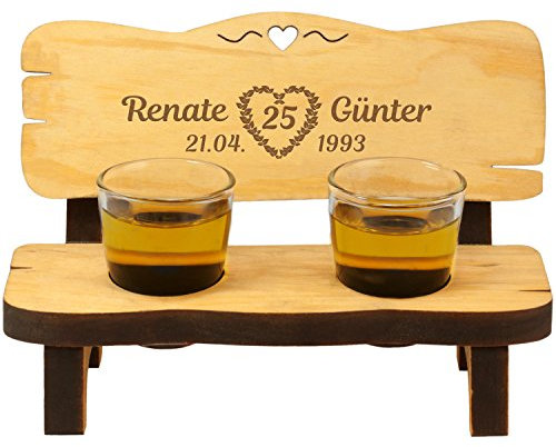 Personalisierte Schnapsbank Silberhochzeit mit Gravur | inkl. 2 Schnapsgläsern | Jubiläumsgeschenk für Eltern Großeltern Nachbarn | Geschenk zur Silbernen Hochzeit 25 Hochzeitstag | Hochzeitsbank