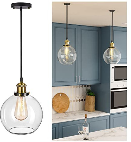 Frideko Vintage Pendant Light, Retro Industrial Ball Glass Ceiling Light Fitting Fixture for Kitchen Island Home Bedroom Hallway Entryway (ø30CM)