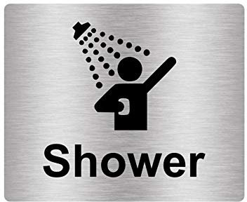 Cartello adesivo per doccia con avviso, argento/oro/blu inciso con testo e icona universale e testo (dimensioni 12 cm x 10 cm) (argento)