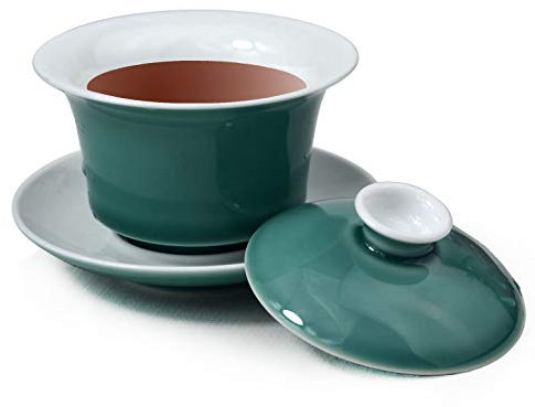 Liang baobao Porcelain Gaiwan 5oz/150ml Teacup White Glazed Tea Cup Tureen Chinese Sancai Cover Bowl Lid Saucer Set (Green)