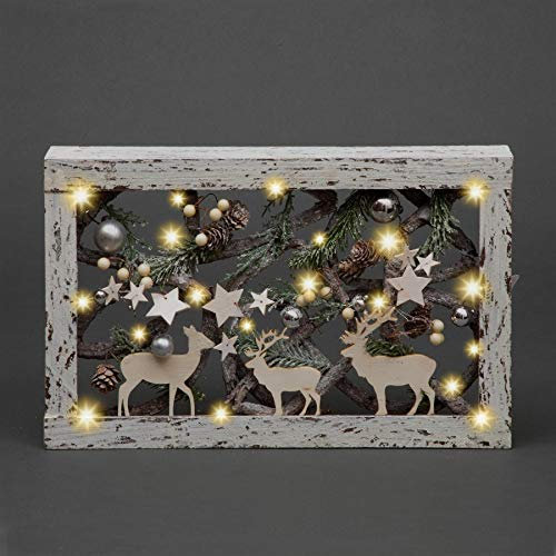 SHATCHI Christmas Pre-Lit Warm White LED Frame Tabletop Centrepiece Decoration with Pinecones and Baubles Holiday Home Décor – (Tree/Star, Wood, Wooden Rectangle, 40 X 25 CM