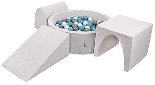 KiddyMoon Area di Gioco in Schiuma con Tondo Piscina di Palline (300 Palline) per Bambini, Grigioch:Grigio/Bianco/Turchese