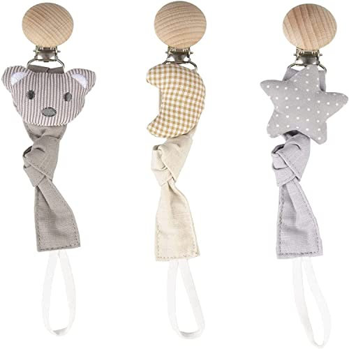 MEISO 3 Stück Baby Schnullerkette Stoff Set, Schnullerband Bio-Baumwolle und Holz,Nickel-freie Metalclips, Schnullerketten mit Buchenholz Clip für Jungen und Mädchen