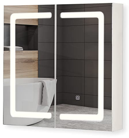 Miadomodo® Armoire de Toilette avec Miroir et Éclairage - LED Blanc Froid/Chaud/Neutre, Étagères, Tactile, Fonction Dimmer - Miroir Salle de Bain avec Rangement (Modèle 3 (65 x 65 x 13 cm))