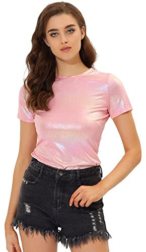 Allegra K Femme Fête Métallique Textured Short Manche Brillant Multicolore Top Rose Clair M